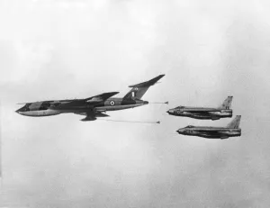 Air Display Prints: Two RAF English Electric Lightning jet fighter aircraft prepare to refuel from a Handley