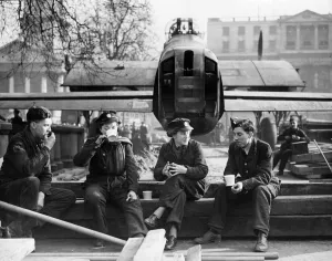 RAF Lancaster bomber being assembled for display in Trafalgar Square for Wings for