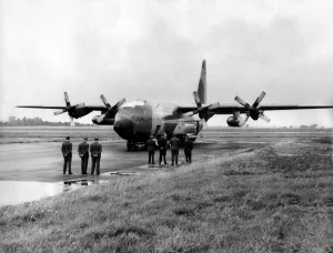 00352 Prints: A RAF Lockheed C-130 Hercules aircraft after its touch-down at Carlisle Airport
