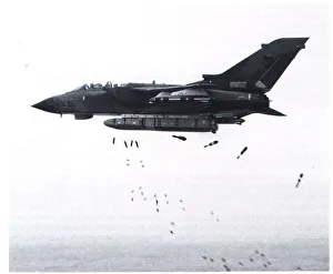A RAF Tornado bomber releasing JP233 land mines used in wartime for runway denial