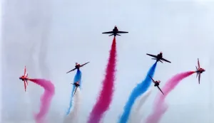 00384 Prints: The RAFs Red Arrows display team perform in their BAE Hawk aircraft