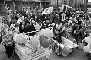 Rag time... Huddersfield Polytechnic students at the start of a town centre bath