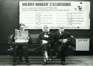 Pensioners Prints: Railway travel April 1972 Railway Passengers wait for a train at St
