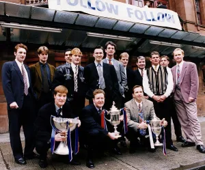 Rangers FC Team outside Kings Theatre Glasgow at Follow Follow play on pavment line-up
