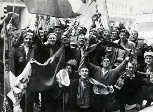 Rangers football fans in celebratory mood at Nuremberg Railway Station as they arrive in