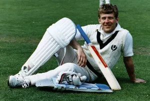 00191 Prints: Rangers goalkeeper Andy Goram lying on cricket pitch wearing cricket clothes bat footba