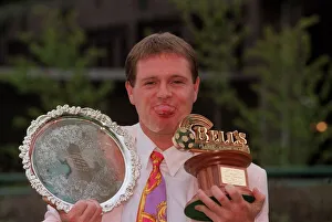Rangers star Paul Gascoigne at the Hilton Hotel in Glasgow holding Bells Player of