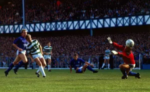 Rangers versus Celtic Peter Grant scores past Graham Roberts October 1987
