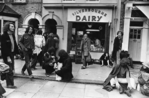 Hippies Prints: Reading pop festival goers seen here stopping off at the Silverbourne Dairy
