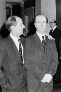 The real Norman Tebbit stands with a wax work of himself at a preview of his wax portrait