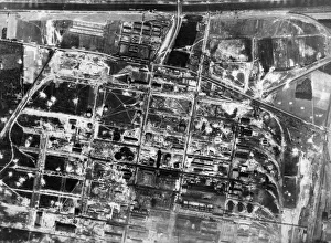 A reconnaissance photograph, taken weeks after a bombing raid on Huls by Eighth Air Force