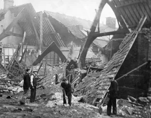 Luftwaffe Prints: Recovery squads at work after a Nazi Luftwaffe raid on St Johns School