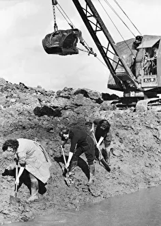 Recruits of the Womens Land Army digging at a site beside the river her Flint