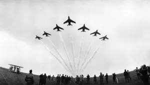 Aerobatics Prints: A Red Arrows display, Gnat trainers flying in formation over their base at Chivenor
