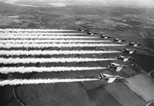 Aerobatics Prints: A Red Arrows display, Gnat trainers flying in formation over their base at Chivenor