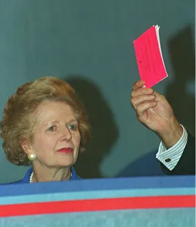 Red card for Margaret Thatcher Pictured in 1993 at the Conservative Conference in
