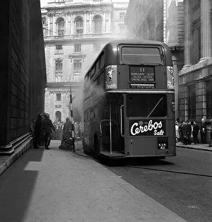 Double Decker Prints: Red Double Decker Bus on Fire - May 1959 firemen attempt to tackle the fire