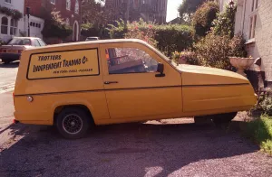 Reliant Robin seen parked in Lexden Colchester with Trotters Independent Trading Company