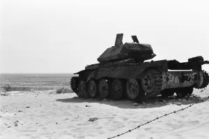 Battles And Campaigns Prints: The remains of a Crusader tank close to the scene of the El Alamein battlefield 29th May