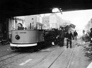 Remains of a tram car hit by the blast from a bomb during a WW2 air raid on London