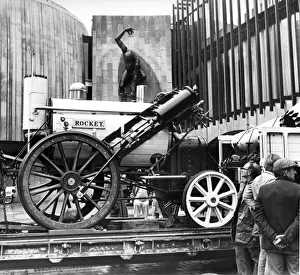 The replica of the 1829 original George Stephensons Rocket arrived by trailer