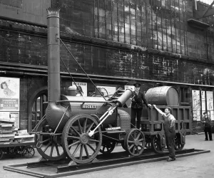 Advertising Prints: A replica of George Stephensons Rocket on display at Carlisle on 4th June 1958