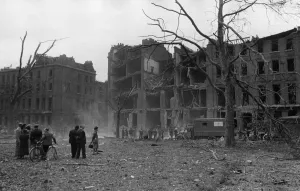 A rescue by the National Fire Service when a flying bomb crashed on flats at Nevern
