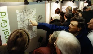 00505 Prints: Residents at the Nunthorpe consultation exercise inspect maps showing the proposed route