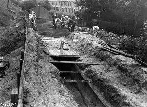 Residents of Peel Street, Lincoln digging trenches as precautions against possible air