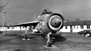A retired RAF English Electric Lightning jet fighter aircraft on display outside RAF
