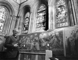 Worship Prints: The Rev Gready at the altar rail which shows the mosaic by artist John Dobbin