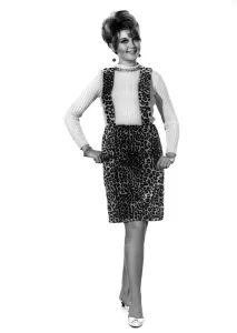 00049 Prints: Reveille Fashions: Delia Freeman modeling matching waistcoat and skirt