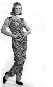 00053 Prints: Reveille Fashions: Mannequin Roma Reeves modelling a pair of Dungees. April 1959 P006909