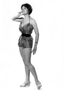 Reveille fashions: Wendy Richard modelling animal print swimming costume