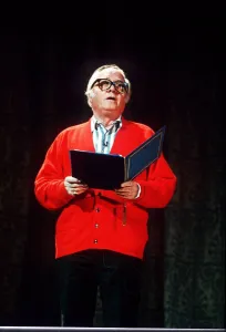 Baron Prints: Richard Attenborough speaking wearing a red cardigan