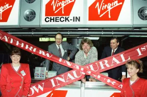 Stewardess Prints: Richard Branson seen here opening the Virgin Atlantic check in desks at Heathrow 1st July