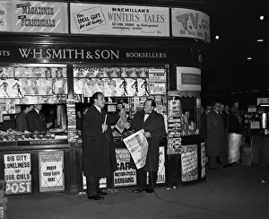 Richard Dimbleby filming for French television at Victoria Station. 9th March 1956