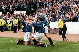 Richard Gough Rangers football player celebrates after scoring goal. 18th May 1996