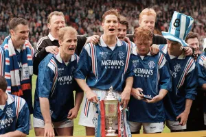Richard Gough Rangers football player with the Scottish Cup celebrates with Ian Durrant