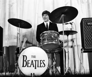 Ringo Starr and the Beatles famous Bass drum seen here performing on stage November 1964