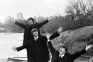 America Prints: Ringo Starr, John Lennon and Paul McCartney of The Beatles pop ghroup at a press call in