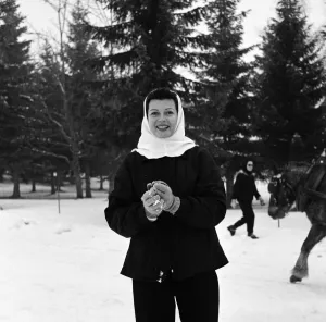 Alps Prints: Rita Hayworth on holiday at Megeve in the French Alps with her daughters Yasmin
