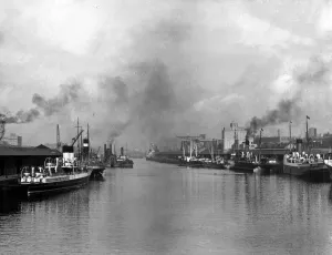 Landscape Prints: River Clyde Glasgow 1947 boats barge barges steam boats smoke working river scene