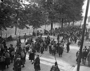 Motor Cars Prints: The Road to Ostend. October 1914 Belgian troops arriving by road at the Belgian
