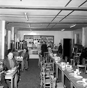 Refreshments Prints: Roadside Cafe. Tea is served to coach passengers during a coach trip to Manchester