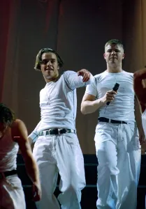 00066 Prints: Robbie Williams and Gary Barlow of Take That on stage at their concert in Manchester