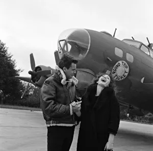 Robert Wagner and Shirley Anne Field filming the War Lover in front of a Boeing B17