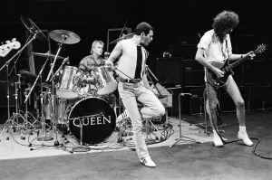 Shorts Prints: Rock group Queen performing on stage rehearsals for Live Aid at the Shaw Theatre, Euston