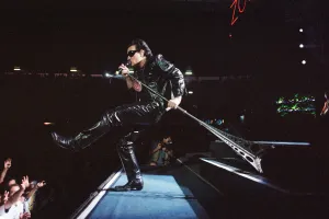 Stadium Prints: Rock group U2 performing on stage at Cardiff Arms Park led by singer Bono