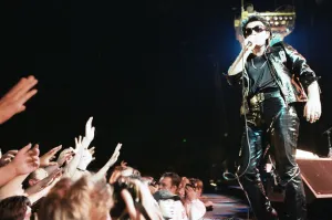 Rock group U2 performing on stage at the National Exhibition Centre in Birmingham